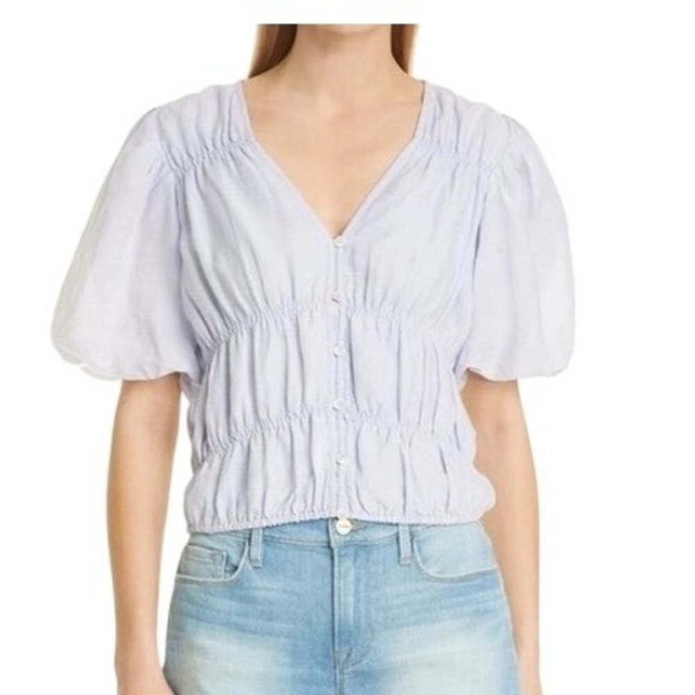 FRAME‎ Blue Smocked Button Front Short Sleeve Top Women's Size XL TG